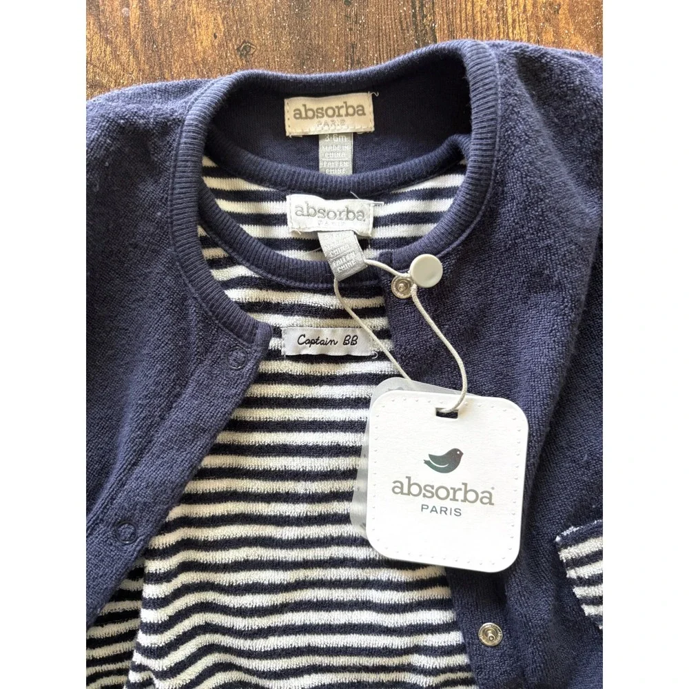 Absorba Paris Baby 2 Piece Set Navy Blue Cardigan Striped Footed Sleeper NWT